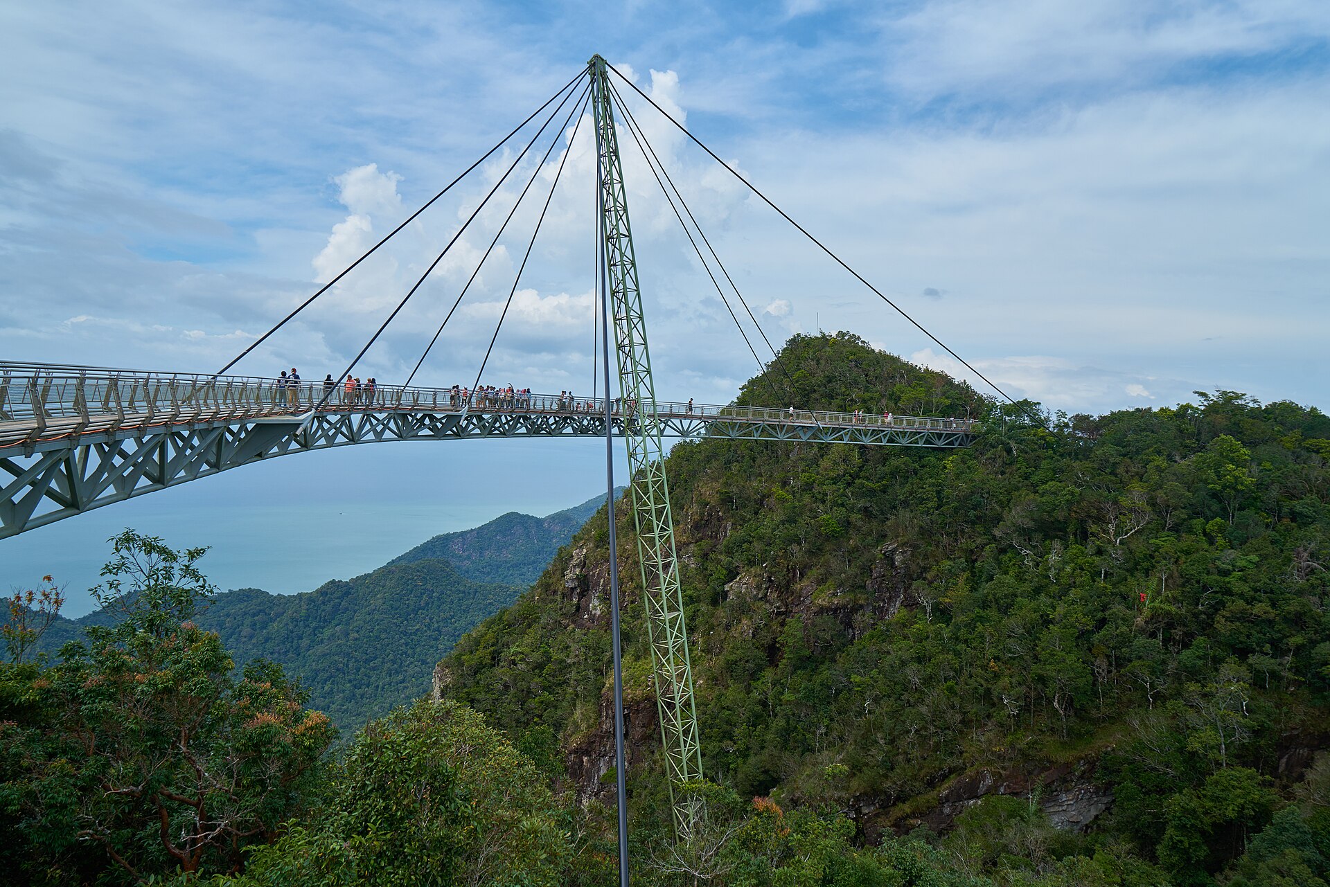 The curved Langkawi Sky Bridge hanging above the rainforest, with the sea beyond