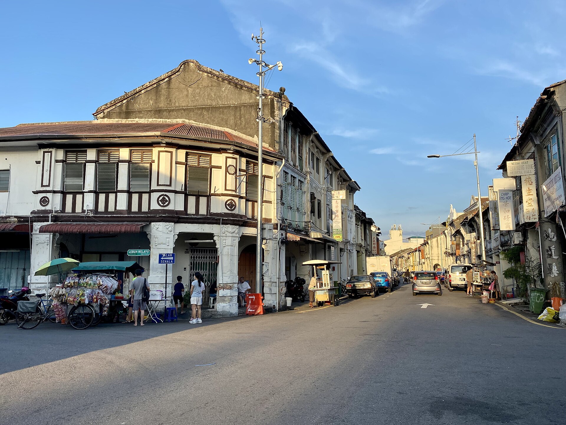 Old shophouses in warm evening light on Beach Street in George Town, Penang