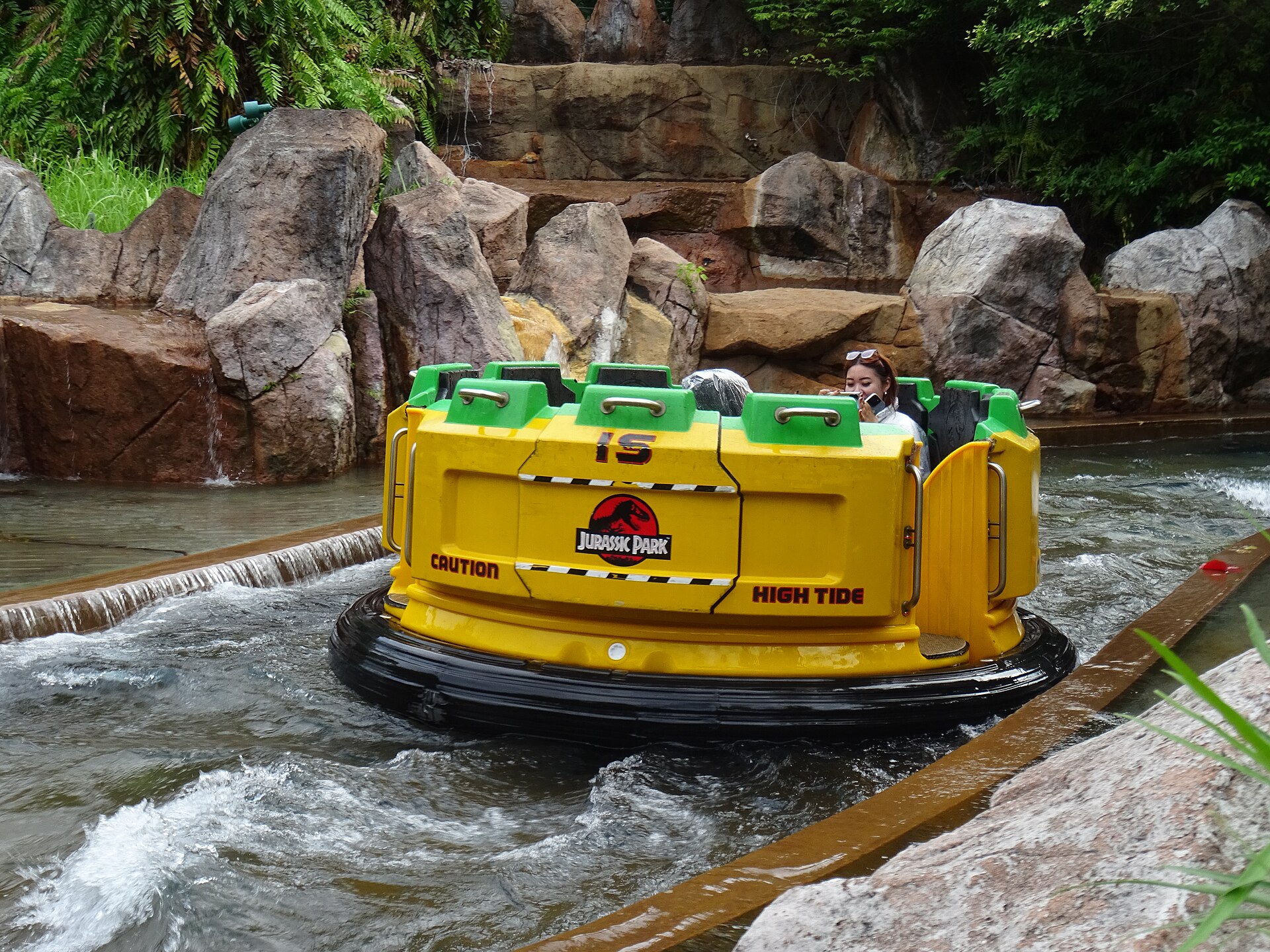 A raft on the Jurassic Park Rapids Adventure ride at Universal Studios Singapore