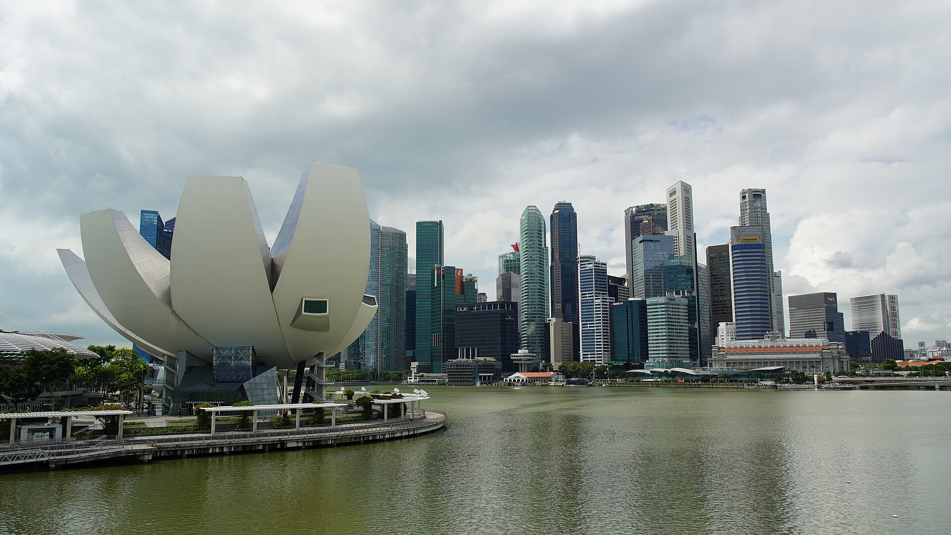 The lotus-shaped ArtScience Museum in front of the Singapore skyline across Marina Bay